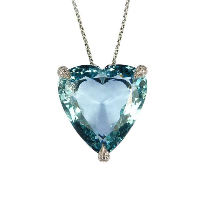 Large heart shaped aquamarine and diamond pendant necklace